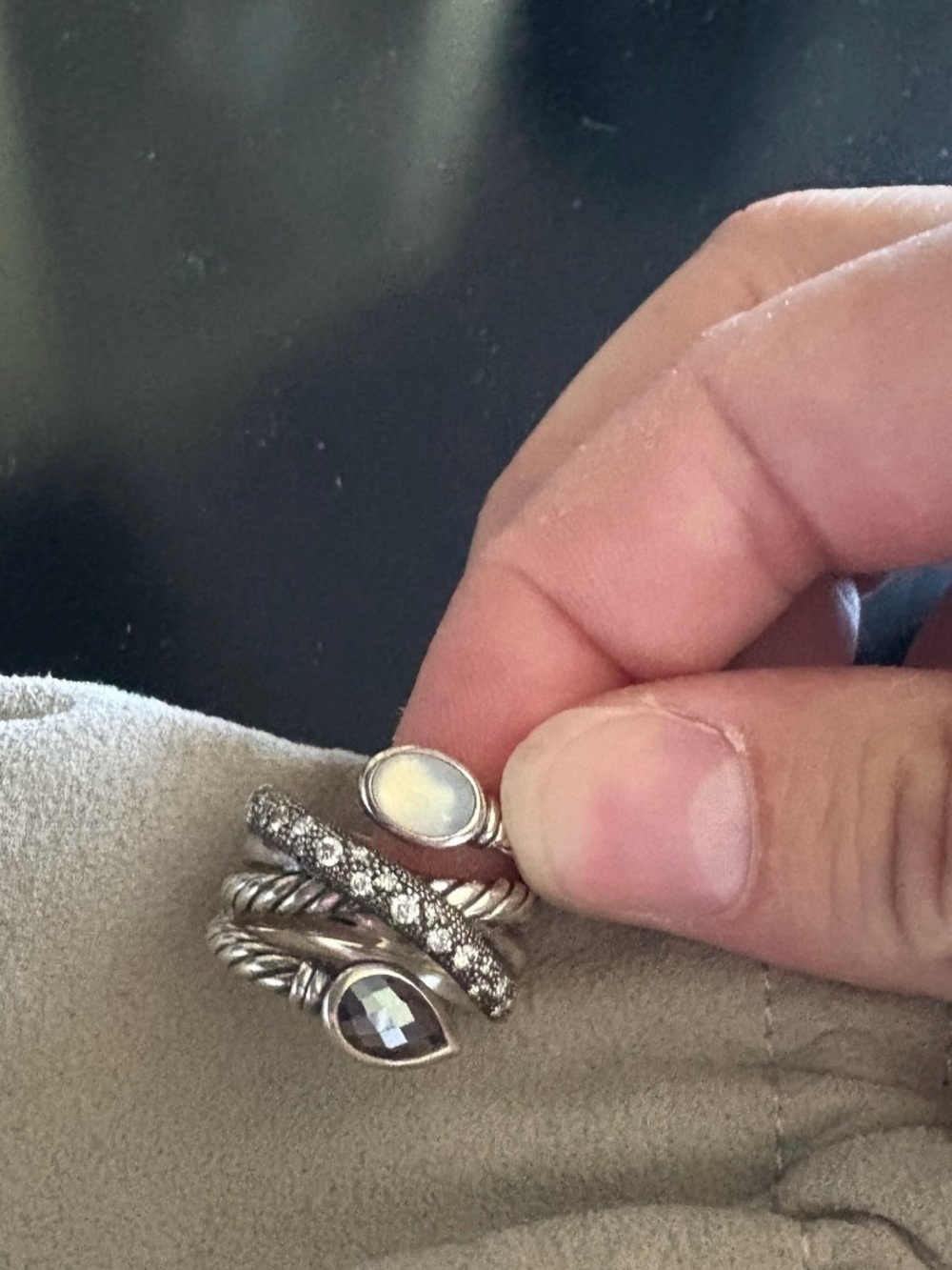 David Yurman Sterling Silver Stackable Ring Set with Opal and Smoky Quartz